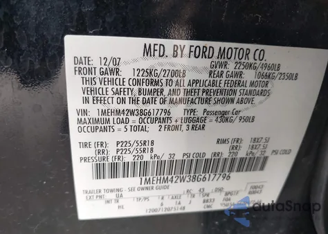 2008 Mercury Sable Premier from USA, damaged, VIN 1MEHM42W38G617796